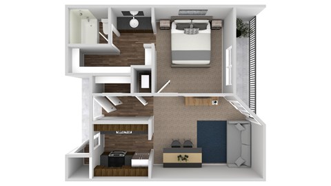 A 3D floor plan of a small apartment with a kitchen, living room, and bedroom.